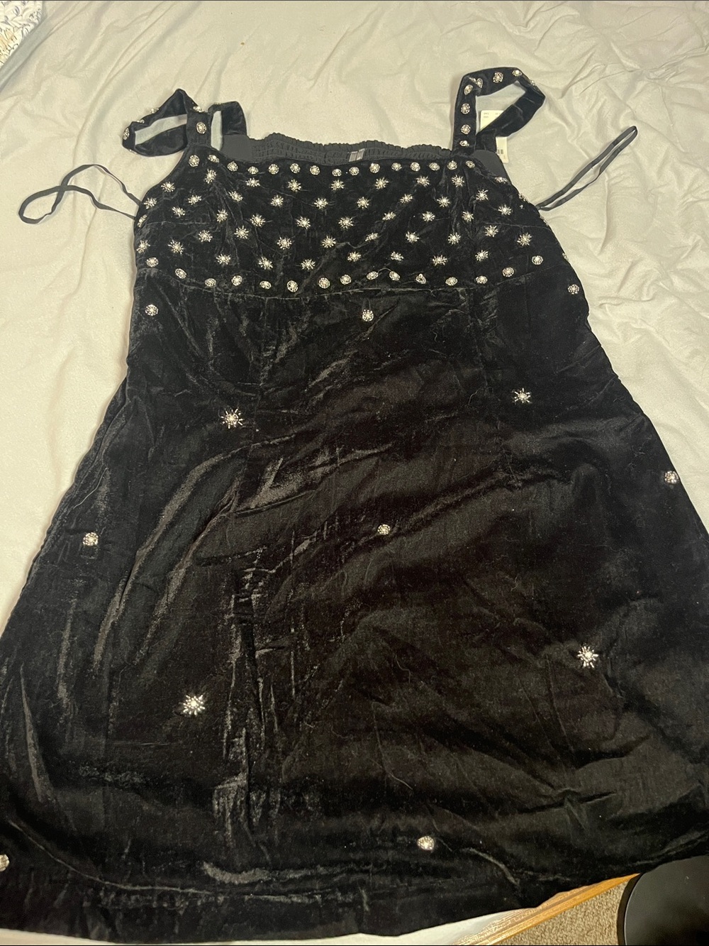 Anthropologie Black Velvet Mini Dress with Crystal Studs